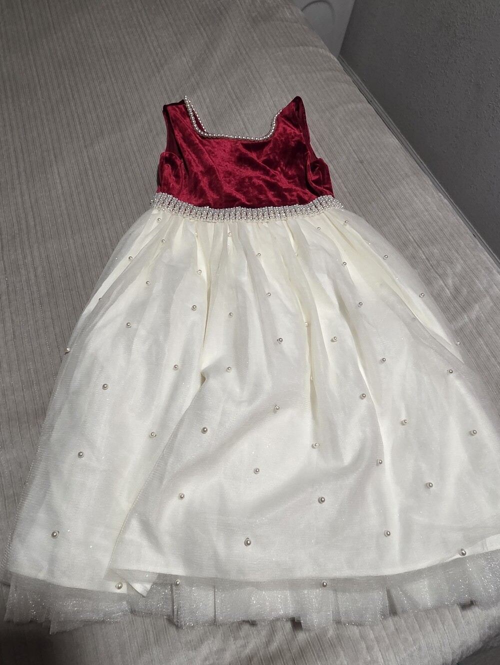 Girls' Burgundy Velvet and Ivory Pearl Skirt Formal Dress